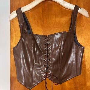 Brown Faux Leather Lace-Up Corset Top